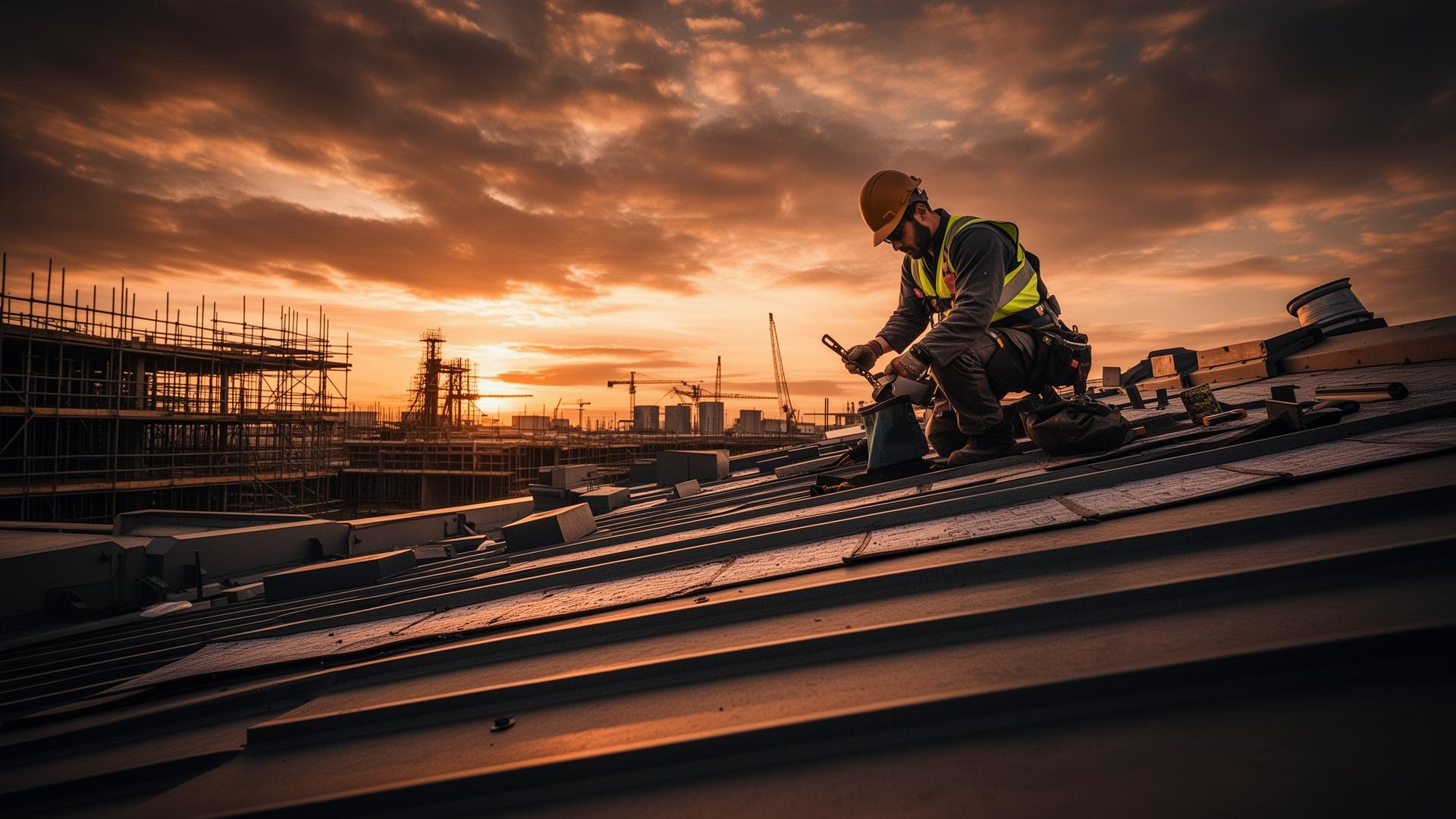 Roofing professional inspecting a commercial roof at sunset
