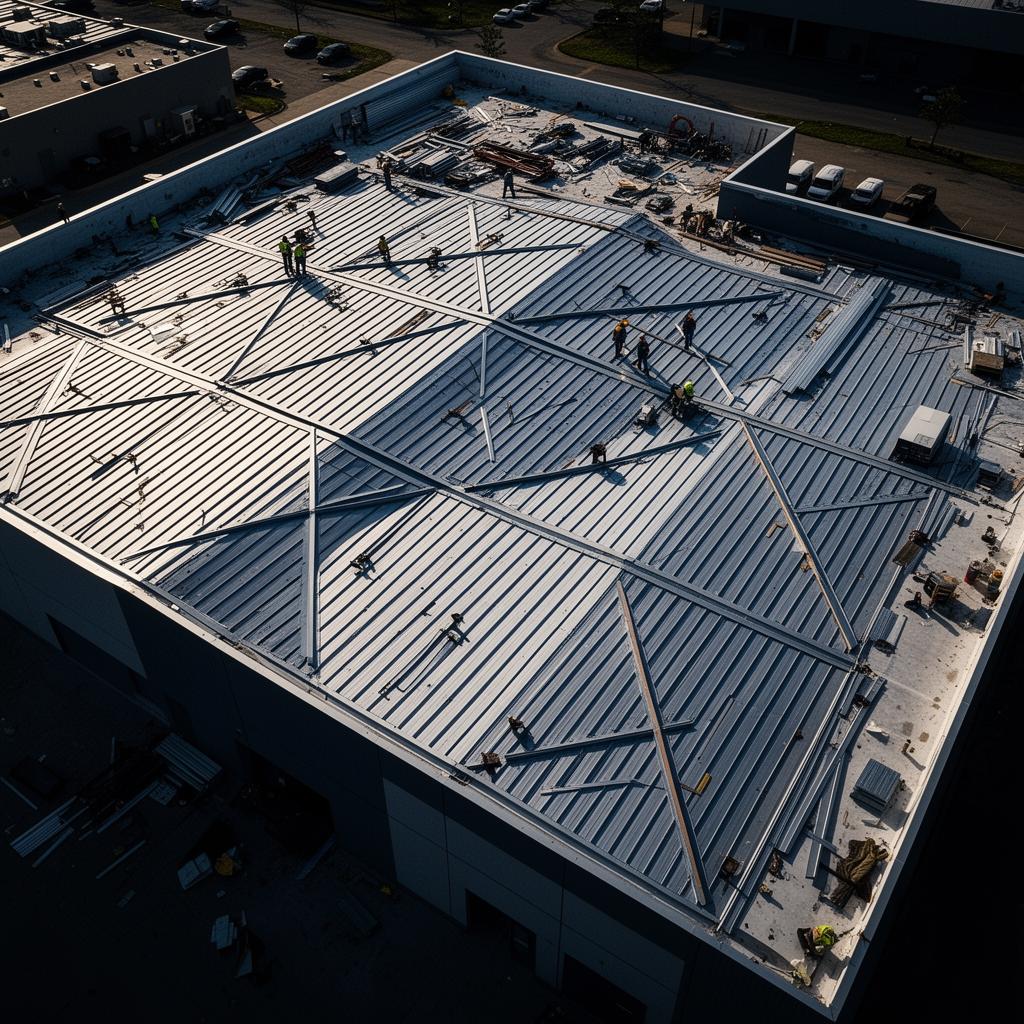 Aerial view of a commercial roofing project